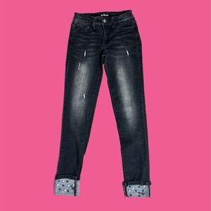 Vocal Women’s Rhinestone Pearls High Rise Cuffed Skinny Jeans Black Wash Sz S